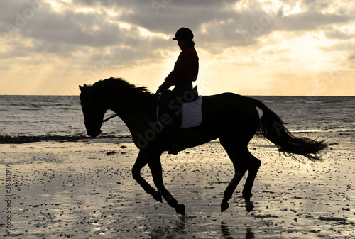 Board z aluminiowym obramowaniem Sylwetka konia jeźdźca cantering na plaży