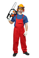 Wall Mural - Lumberjack Worker With Chainsaw Isolated