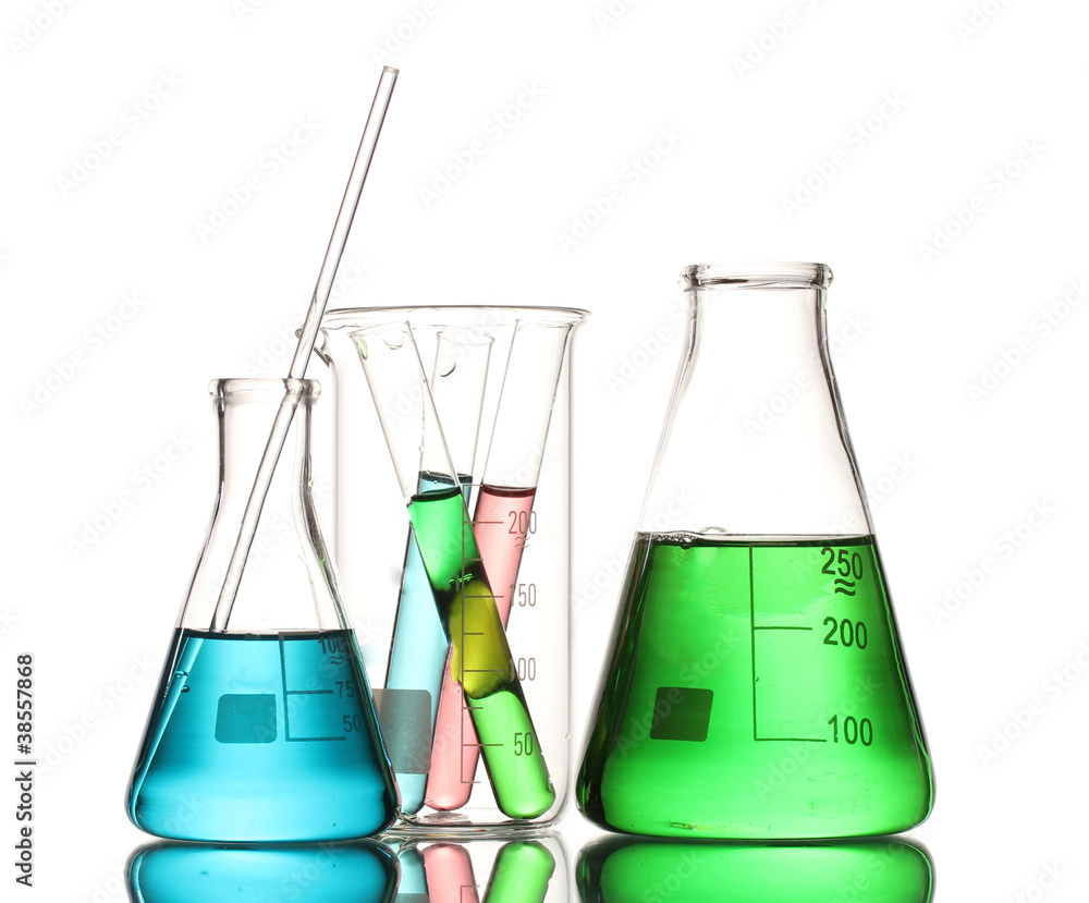 Different laboratory glassware with color liquid