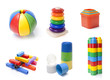 many colour kids toys on white background