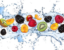 Fresh Fruits In Water Splash, Isolated On White Background