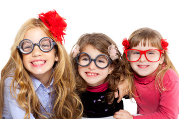 nerd children girl group with funny glasses