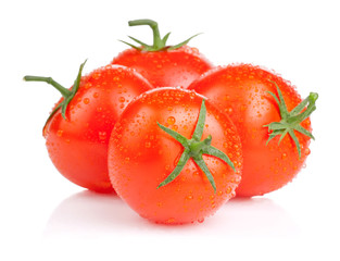 Four fresh juicy tomato with water droplets Isolated on white ba