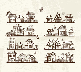 Poster - Sketch of cute houses on shelves for your design