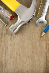 Poster - construction tools on wood background