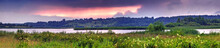 Summer Panoramic Landscape With River Valley At Sunset