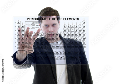 Fotografering Male with Pereodic Table of Elements on touch screen