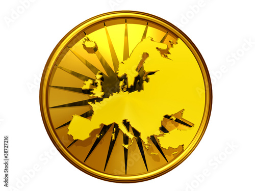 Fotografie, Obraz Landkarte von Europa auf goldener Medaille mit Strahlenkranz