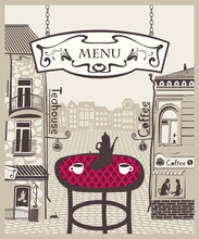 City Cafe With Table And Hot Tea