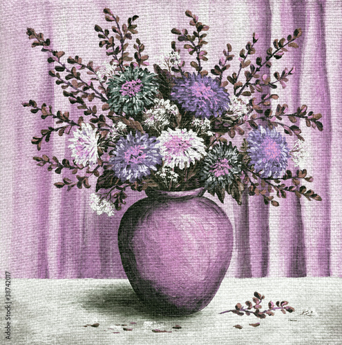 Naklejka dekoracyjna Asters in a pot, painting