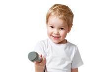 Smiling Boy With A Microphone On A White Background