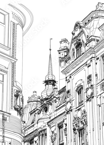 Obraz na płótnie canvas trzyczęściowy "tryptyk" Praga, Republika Czeska - rysunek architektoniczny historycznego d
