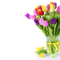 Wall Mural - spring tulipswith easter eggs isolated on white background