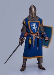 Medieval knight on grey background.