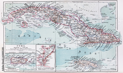 Board z aluminiowym obramowaniem Vintage mapa Kuby i Jamajki na początku XX wieku
