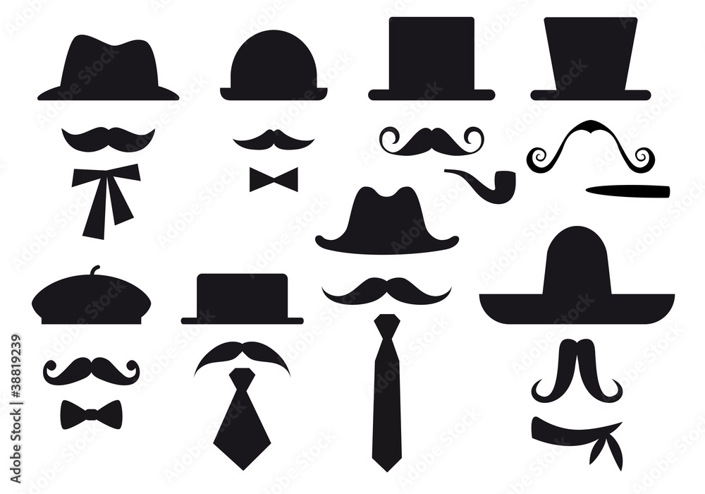 mustache and hats, vector set - obrazy, fototapety, plakaty 
