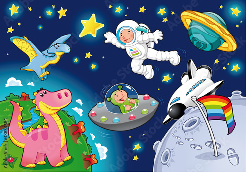 Naklejka na meble Ilustracja dinozaur i astronauta w kosmosie