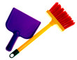Toy plastic dustpan and broom isolated on a white background.