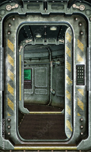 Naklejka na drzwi spaceship hatch and corridor background