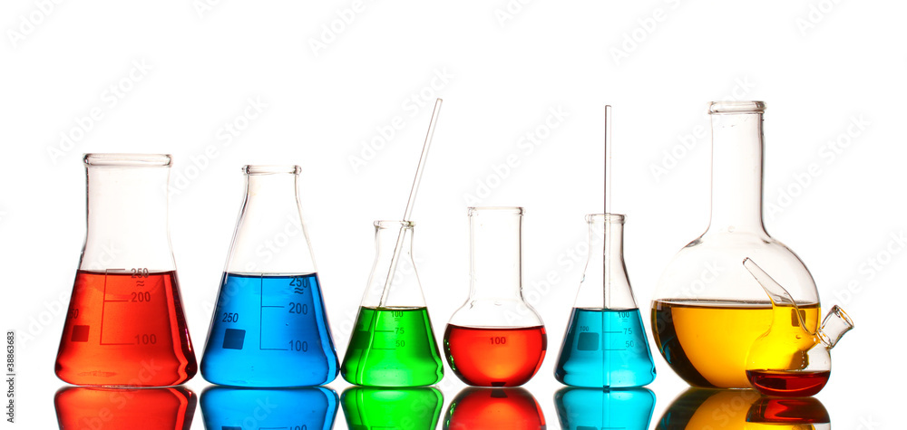 Different laboratory glassware with color liquid and with
