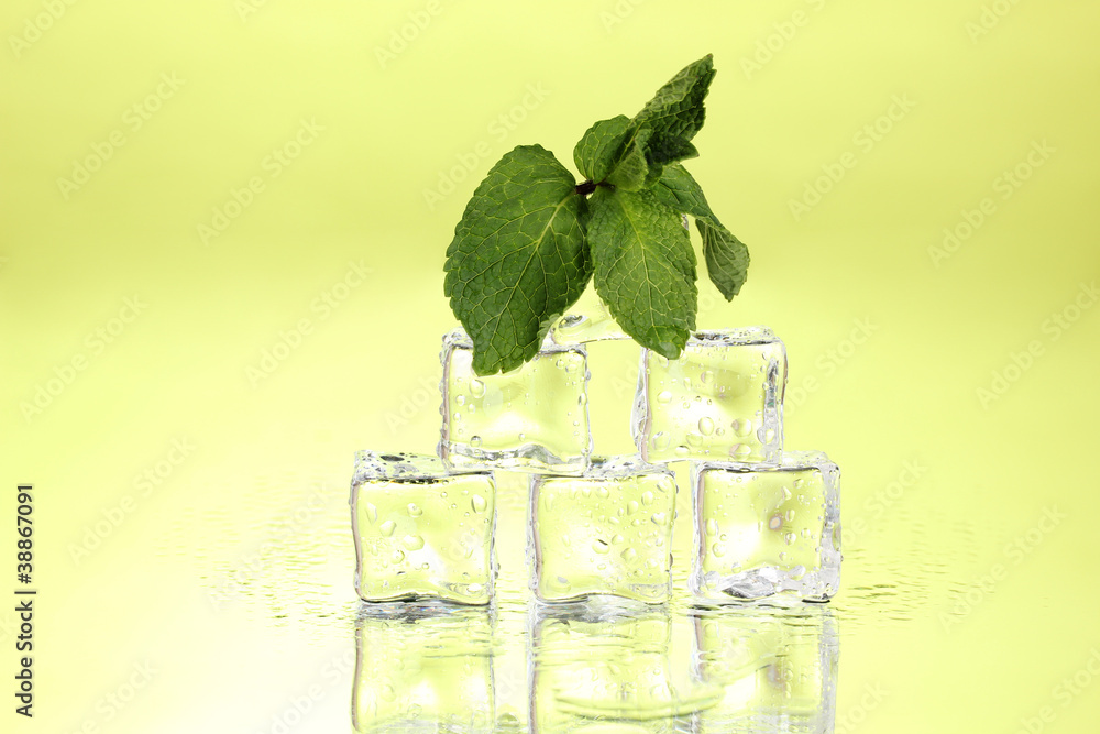 Fresh mint leaf and ice cubes with droplets on green background