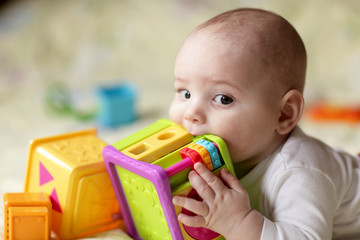 Boy biting toy