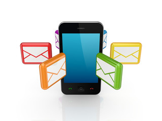 Poster - colorful envelopes around mobile telephone.