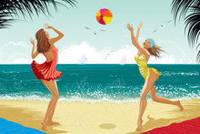Two Girls Playing A Ball At A Beach