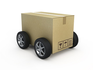 Wall Mural - Cardboard box with wheels - shipping concept