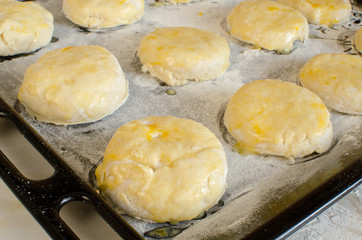 Raw biscuits prepared for baking