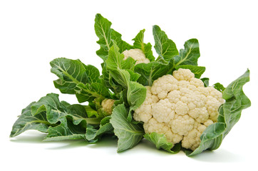 Poster - Isolated fresh Cauliflower cabbage  with green leaves