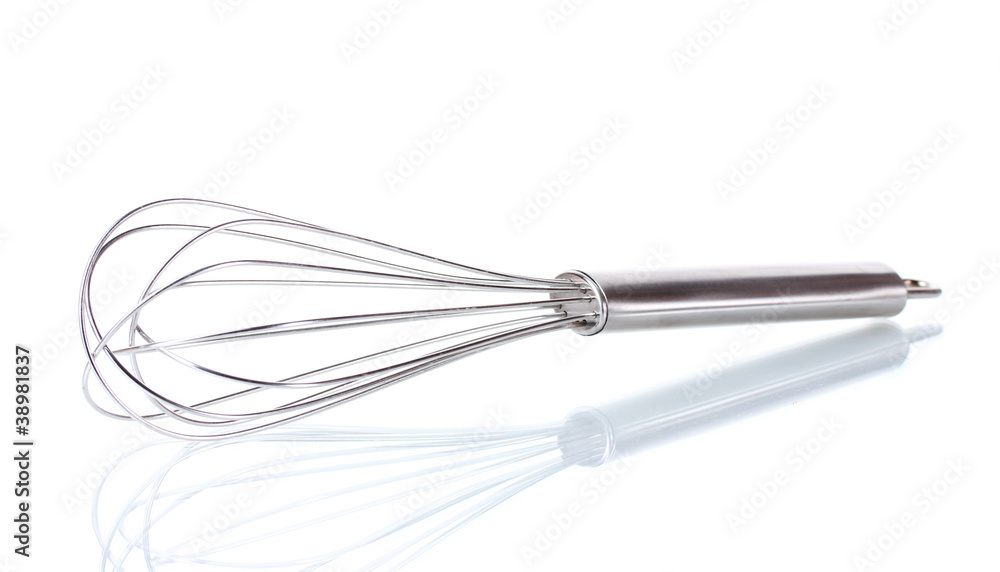 Metal whisk for whipping eggs isolated on white