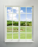Modern residential window with lake view