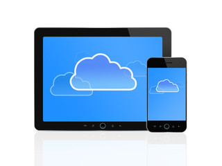 Cloud symbol at digital tablet and smart phone isolated on white