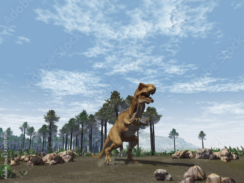 Board z aluminiowym obramowaniem Tyranozaur rex w kredowym krajobrazie
