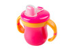 purple baby bottle, cup with handles, isolated