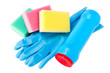 set of cleaning, rubber glove, sponge, plastic bottle