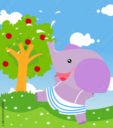 Naklejka na kafelki cute elephant watering apple tree
