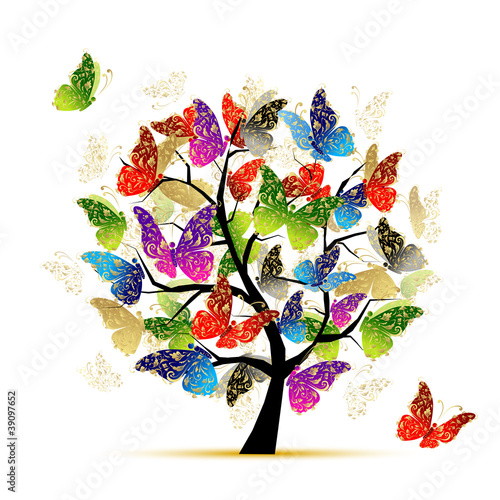 Naklejka - mata magnetyczna na lodówkę Art tree with butterflies for your design