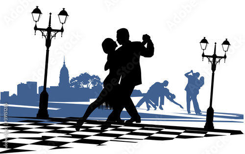 Board z aluminiowym obramowaniem Para zakochanych tańczy tango na placu