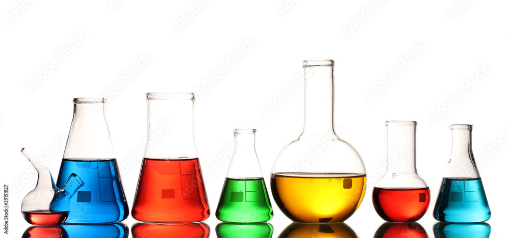 Different laboratory glassware with color liquid and with