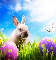 Wall Mural - Little Easter bunny and Easter eggs on green grass