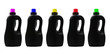 Fünf schwarze Flaschen aus Kunststoff
