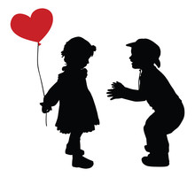 Silhouettes Of Boy In Cowboy Hat And Girl With Red Balloon