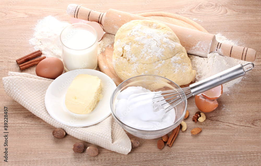 Ingredients for the dough wooden table