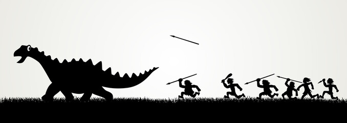 Cartoon figures chasing a dinosaur