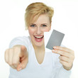 © Karin & Uwe Annas - Happy woman showing her cards to you with copyspace