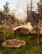 Namiot i ognisko w starym lesie