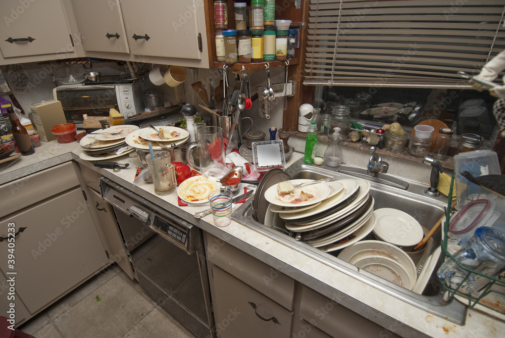 Dirty dishes piled up in sink after a party - obrazy, fototapety, plakaty 