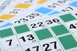 Green, blue, yellow bingo cards with focus on number thirteen